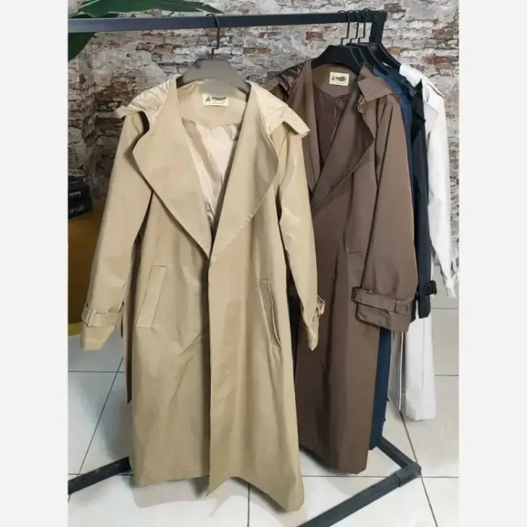 بارانی بلند زنانه مدل دینا کلاه دار کمربند دار جنس تی سی ضد آب استردار فری سایز