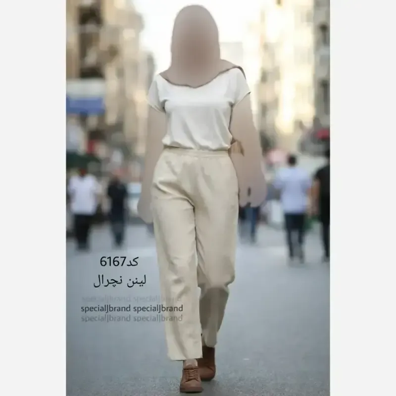 شلوار زنانه لینن کمر کش رنگ کرم
