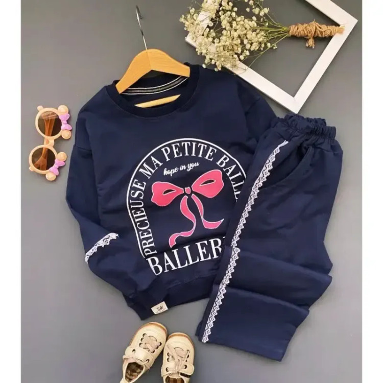 ست لباس دخترانه دورس پاپیونی دو رنگ سرمه ای نسکافه ای مناسب 3 تا 10 سال